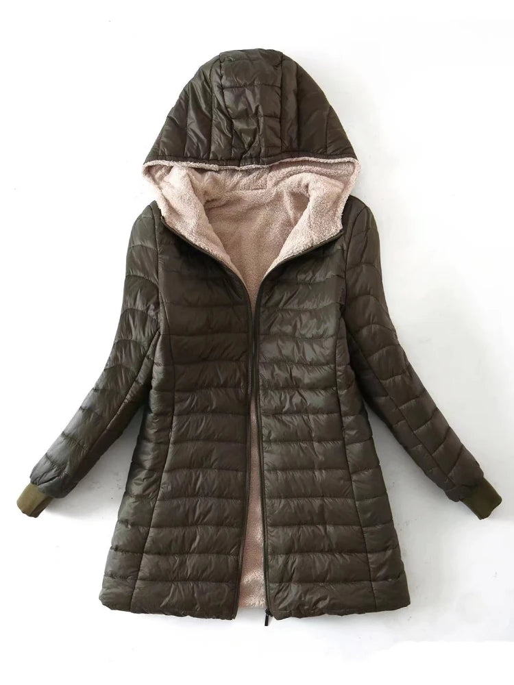 Winter Korean Style Mid-length Hooded Cotton Coat for Women Lambs wool Warm Cotton Jacket