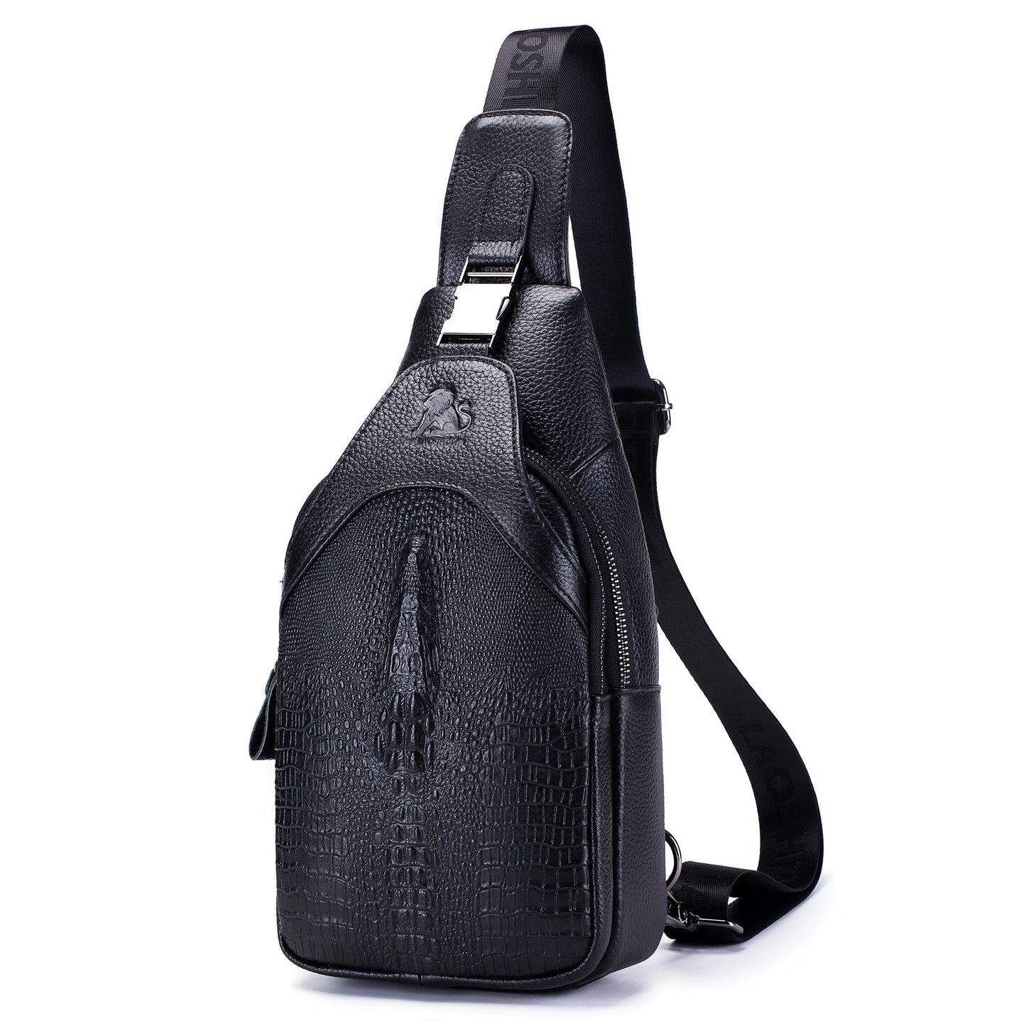 Men's leather chest bag, crossbody bag, crocodile pattern multifunctional bag with USB charging shoulder bag