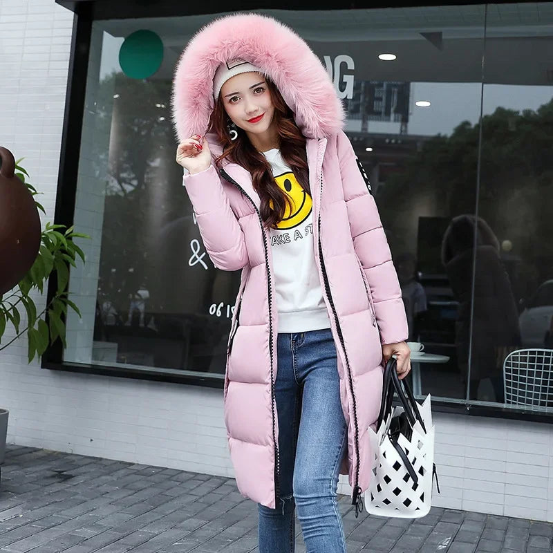 Women's Winter Jacket Big Fur Collar Thick Slim Coat Hooded Cotton Outerwear