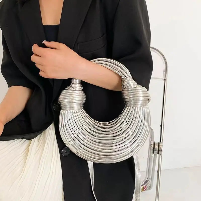 Handbags for Women 2023 New Gold Luxury Designer Brand Handwoven Noodle Bags Rope Knotted Pulled Hobo Silver Evening Clutch Chic - Hiron Store