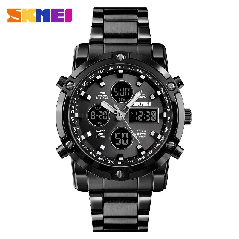 SKMEI 1389 Steel Strap Wristwatch Clock Relogio Masculino Digital Quartz Watches