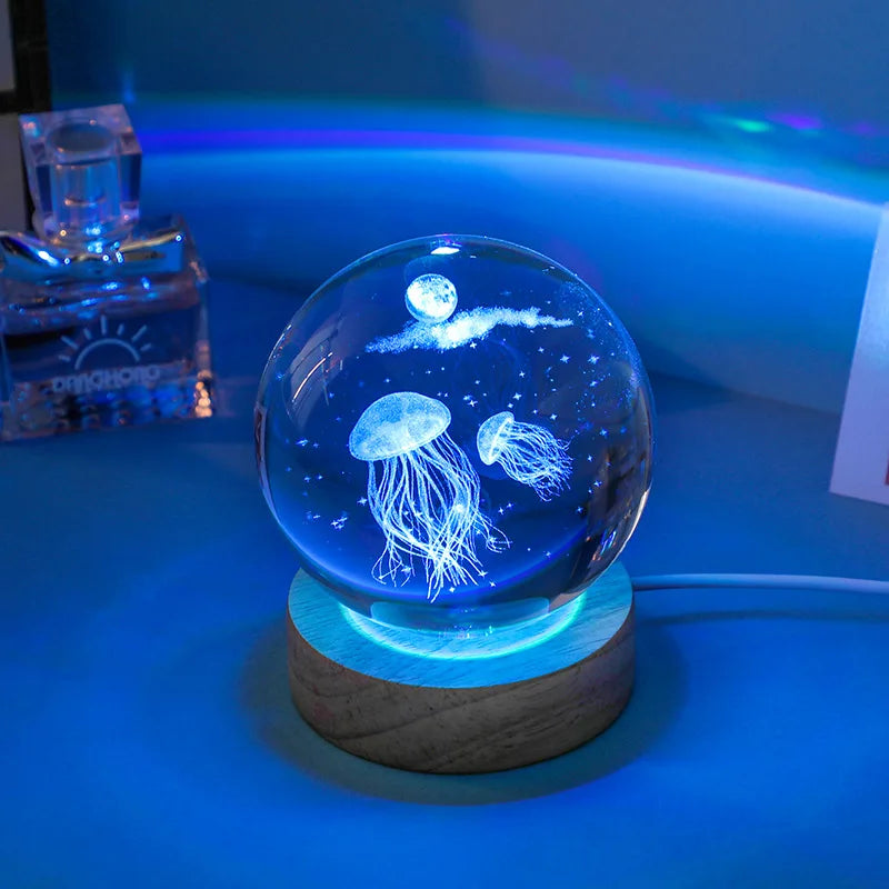 3D Jellyfish Laser engraved crystal ball LED night lights