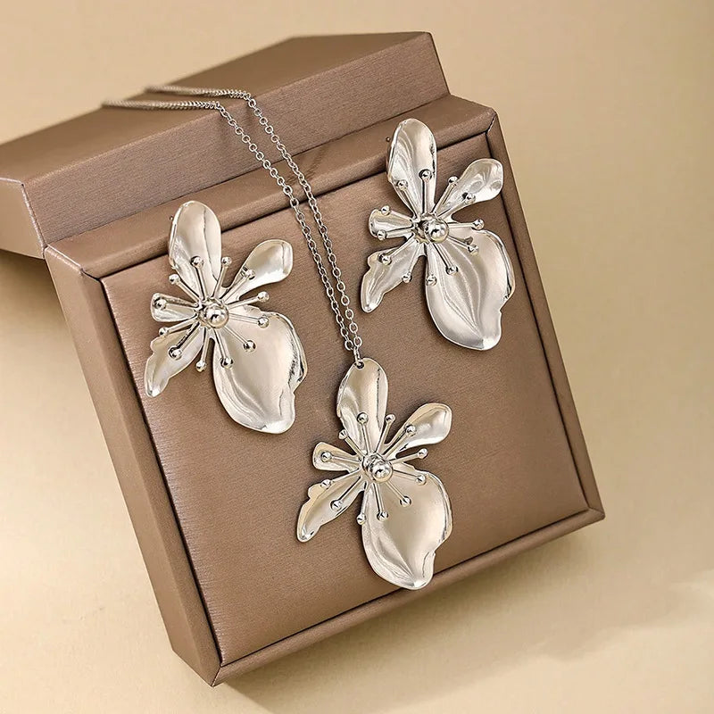 Korean Necklace Earring Jewelry Set Designer Enamel Flower Necklace