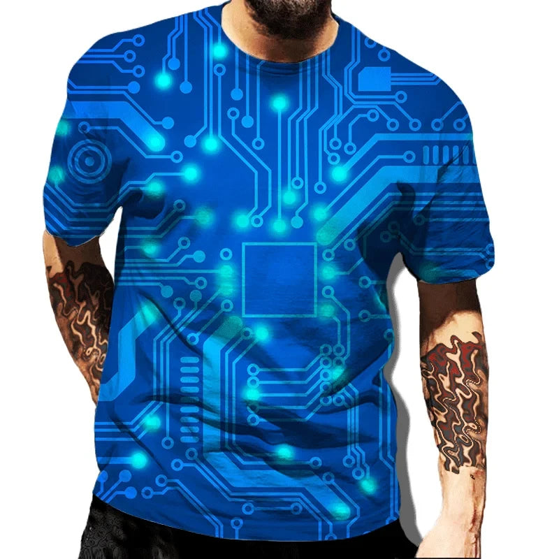 Circuit Board Electronic Chip Tee Unisex Summer Casual Short Sleeve Men Harajuku Streetwear Crew Neck Oversized Family T-shirt - Hiron Store