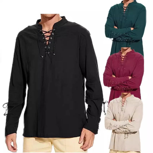 Men Medieval Costume Cotton Linen Shirts Long Sleeve Lace Up Pirate Cosplay Shirt