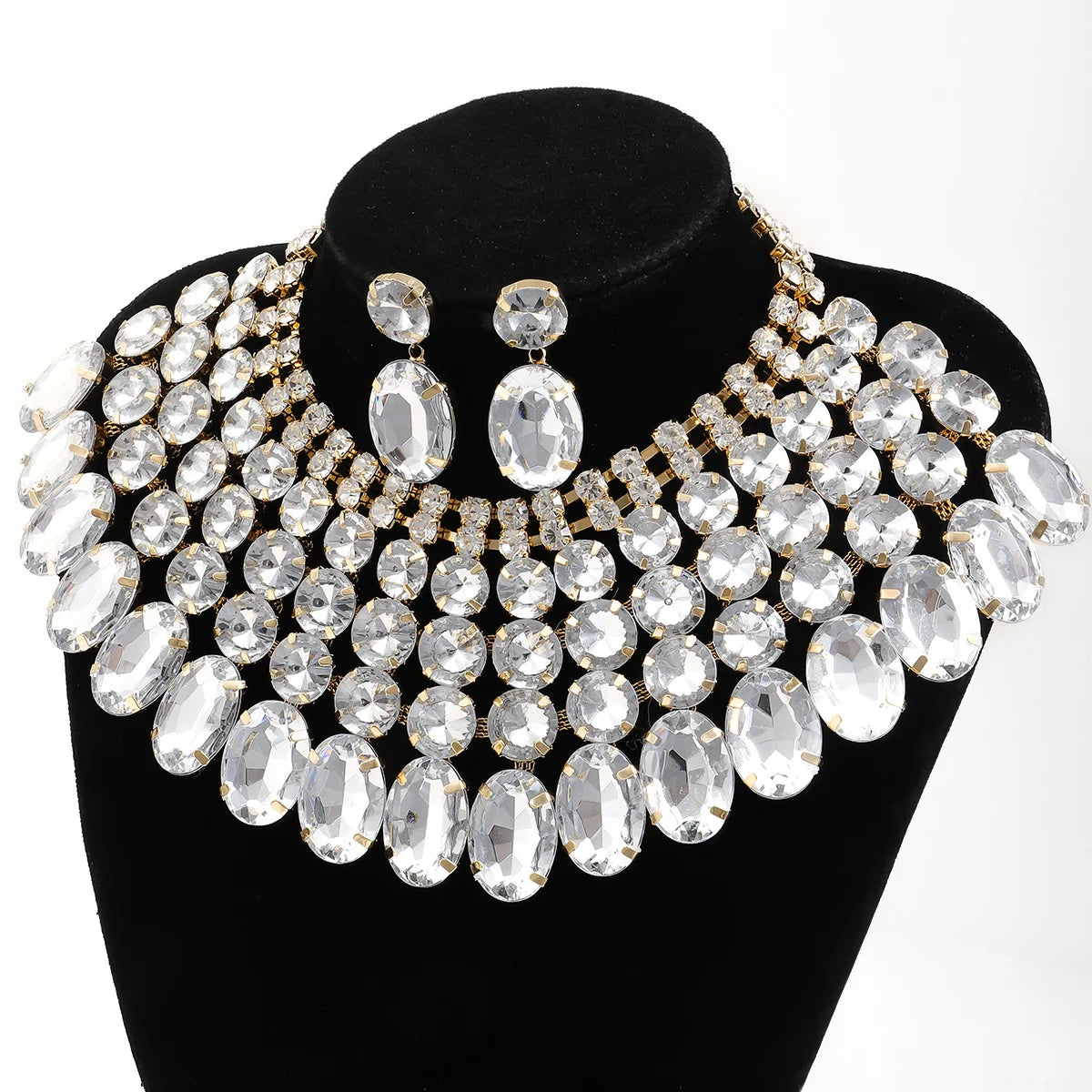 luxury shiny multi-layer rhinestone earrings necklace set banquet evening