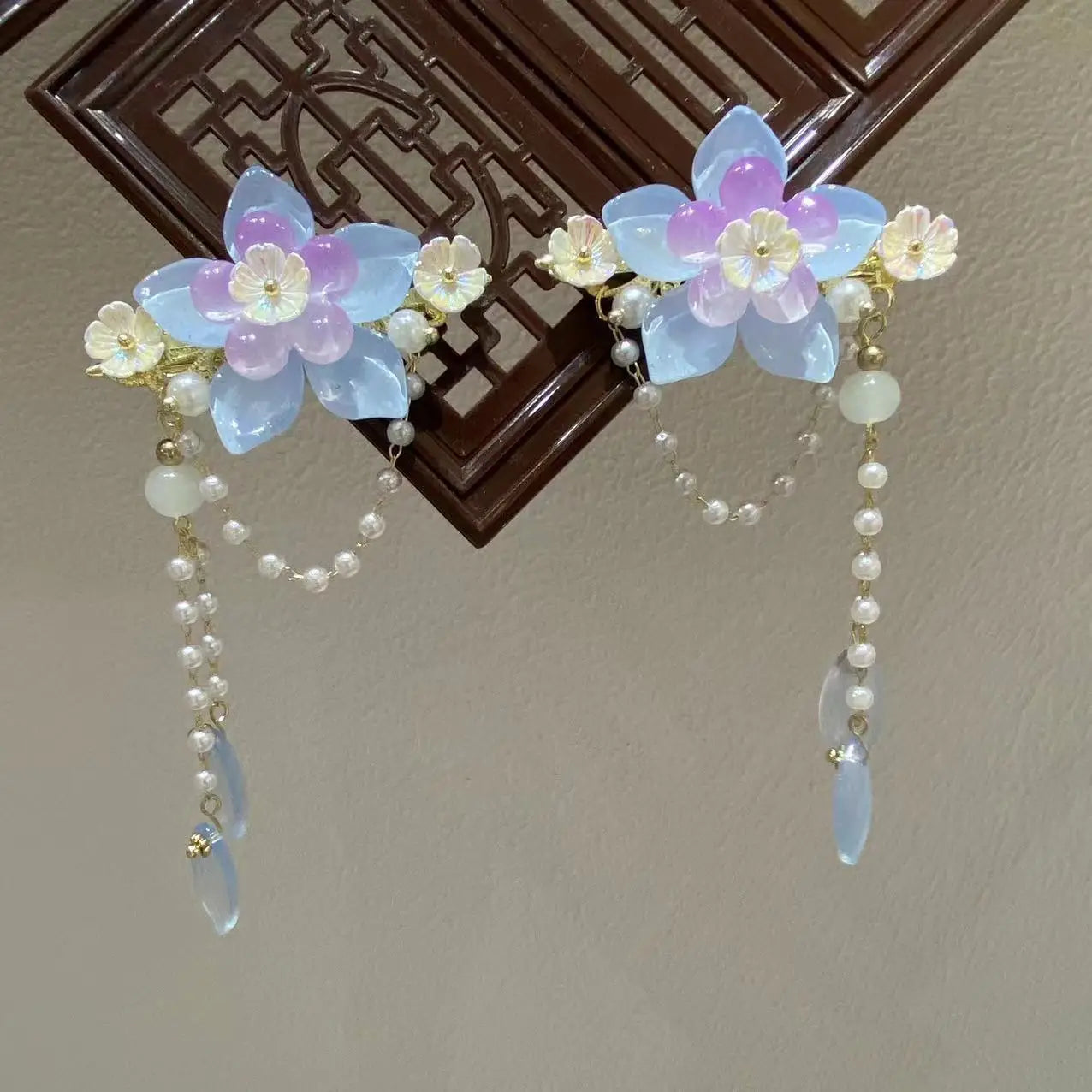 Blue Flower Hairpins Side Clips Retro Chinese Fashion Fringe Jewelry Long Tassel Pendant Headpiece for Women Girls Hanfu Dress - Hiron Store