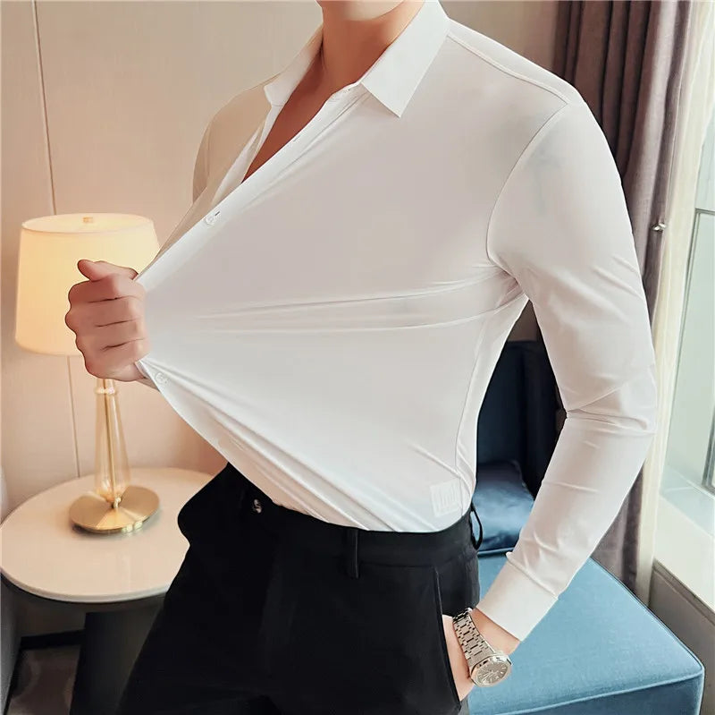 Men's Ultra Stretch  Long Sleeve Shirt, Top Quality Business Casual, Breathable   Solid Color Formal Dress Shirt
