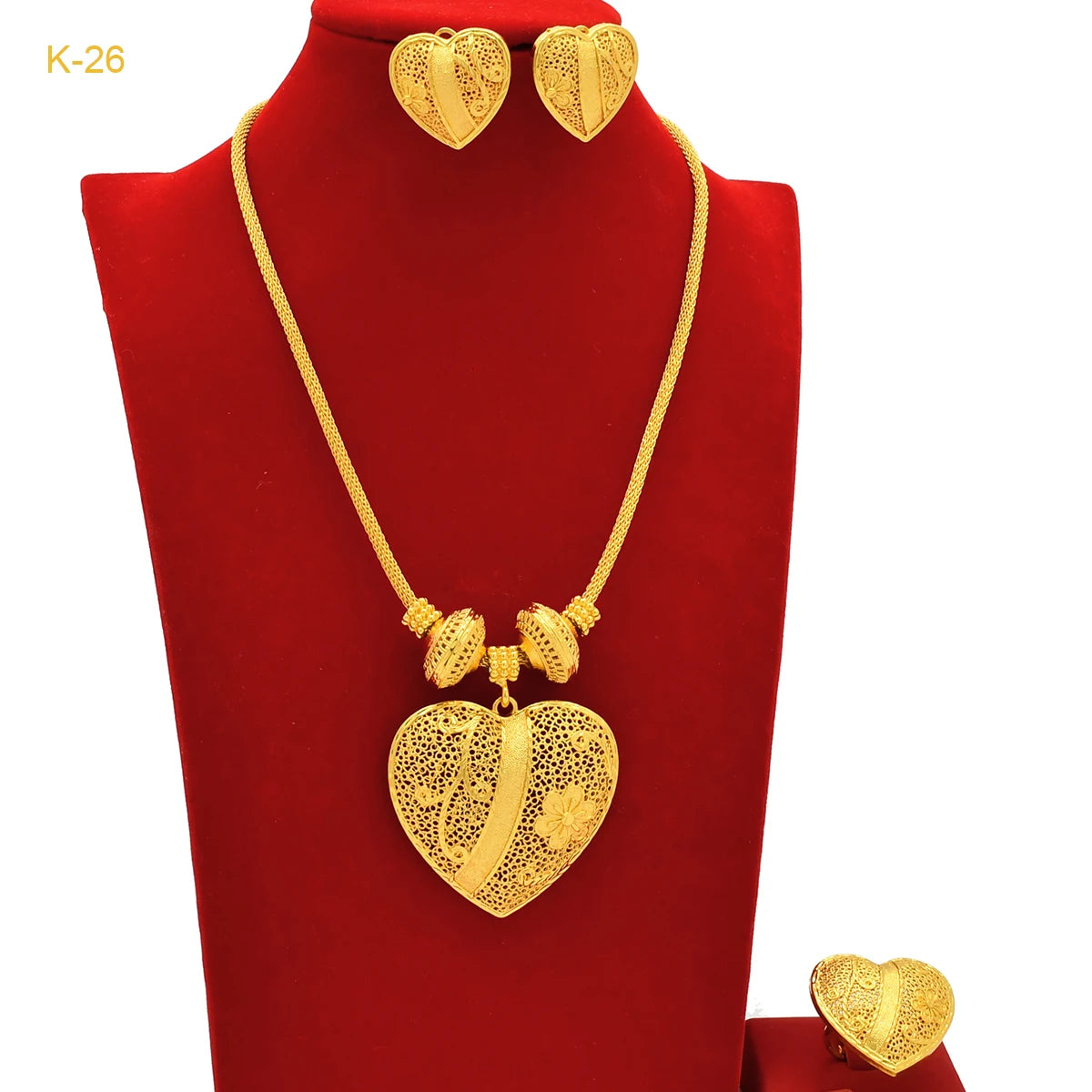 Ethiopian 24k Gold Color Heart Pendant Necklace Sets for Women Indian Anniversary Africa Bridal Necklace Earrings Ring Set Gifts - Hiron Store