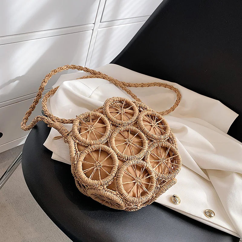 Summer Hollow Round Straw Bag For Women Casual Woven Handmade Crossbody Bag New Trendy Rattan Beach Bags Designer Circle Handbag - Hiron Store