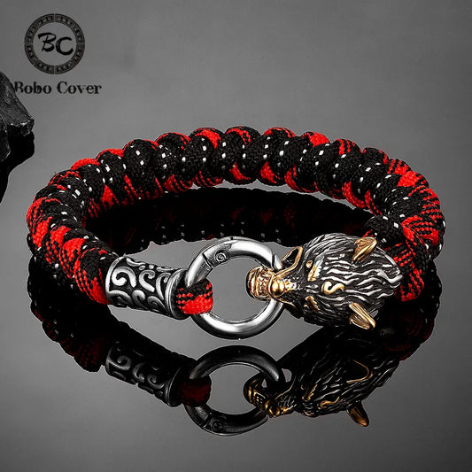 Retro Norse Odin's Wolf Survival Bracelets Men Viking Geri&Freki Stainless Steel Paracord Rope Bangles Handmade Outdoor Jewelry - Hiron Store