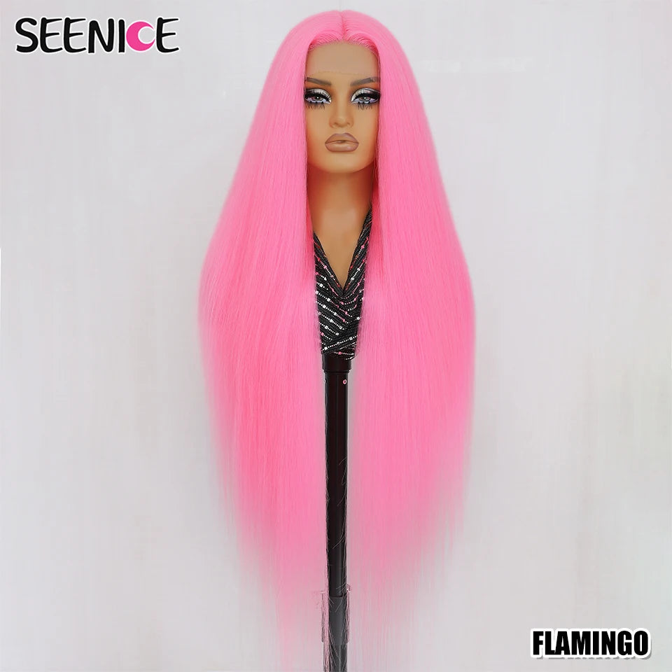 40Inch Straight Lace Front Wig Synthetic T-Part 13x4x1 Heat-resistant Fiber Ombre Ginger Copper Lace Frontal Wigs