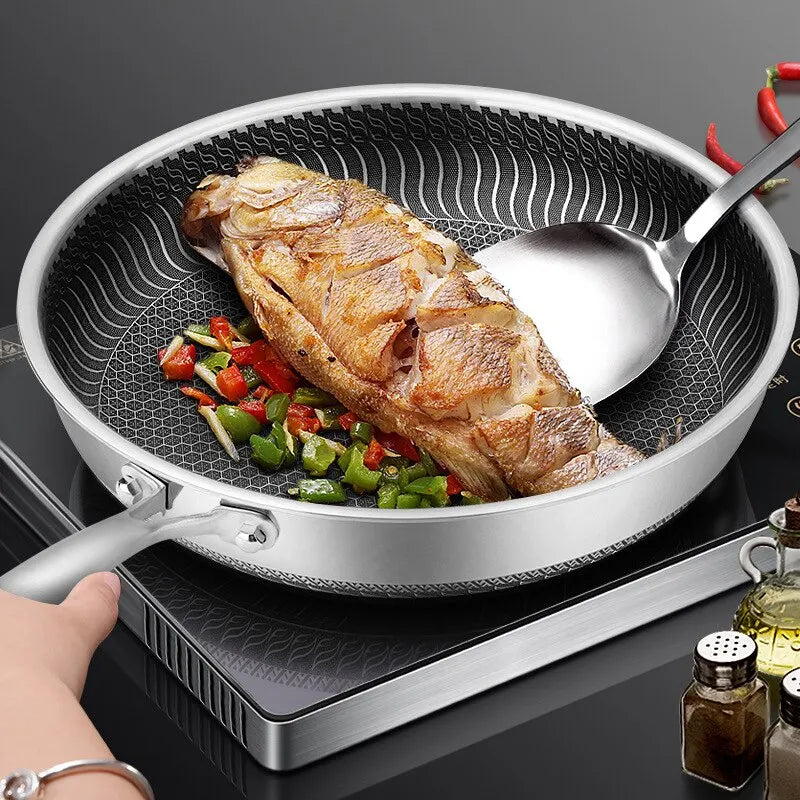 Whole Body Tri-Ply Stainless Steel Frying Pan 316 Stainless Steel Wok Pan Double-sided Honeycomb Skillet Suitable for All Stove - Hiron Store