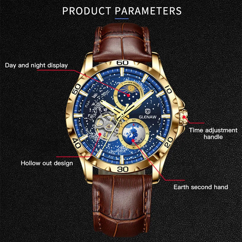 Wristwatch Men Automatic Mechanical Watch Starry Sky Stainless Steel Leather Watchband