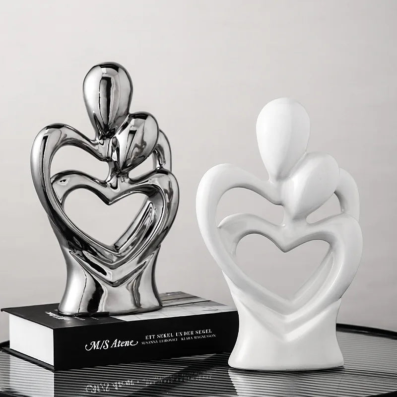 Silver Heart In Heart Sculpture Abstract Ceramic Electroplating Lover Figure Home Decoration