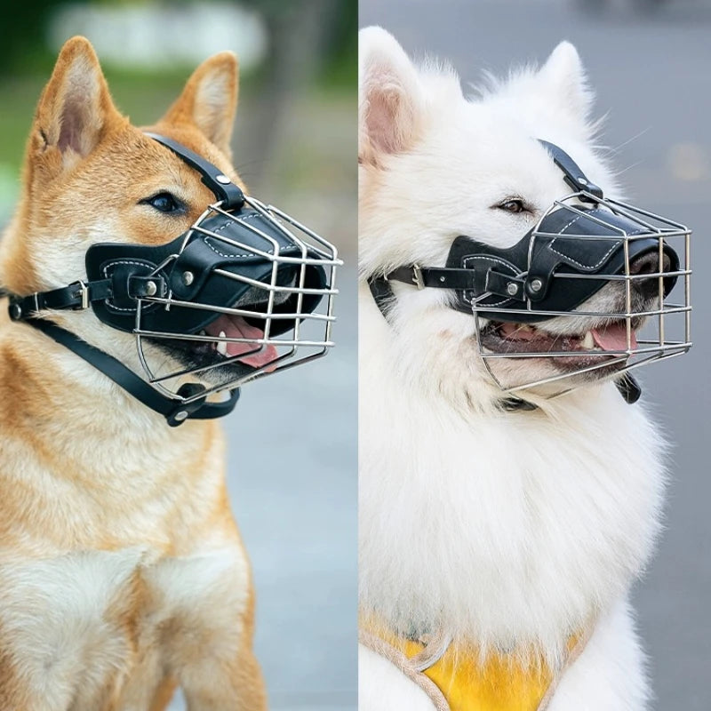 Soft Leather Dog Muzzle Training Collar Adjustable Breathable Straps Mask