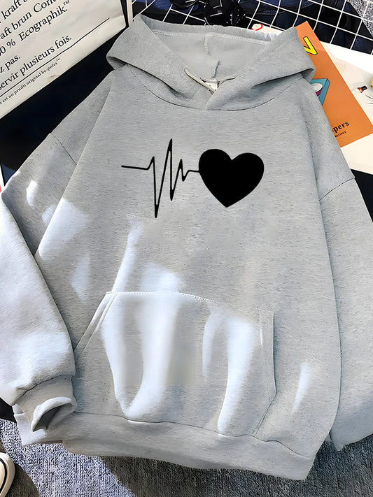 Heart Print Women Sweatshirt Soft Female Hoodies Winter Warm Tops