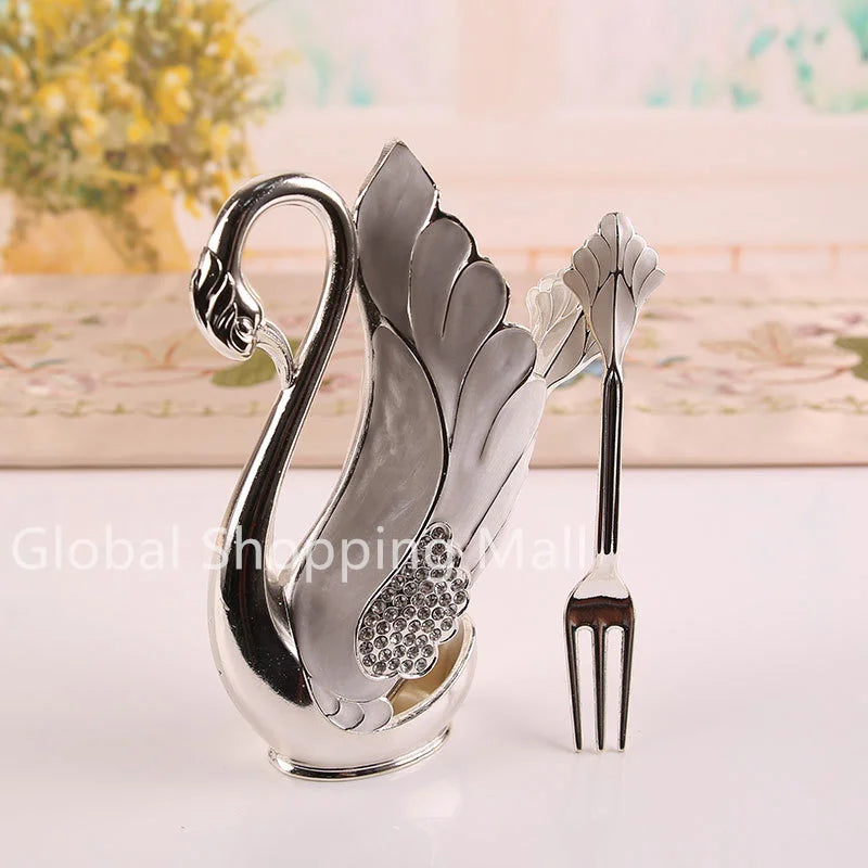 Metal Swan Base Holder, Tableware Organizer with 6 Spoons or Forks, Small Delicate, for Coffee, Fruit Desser,t Ice Cream Cake