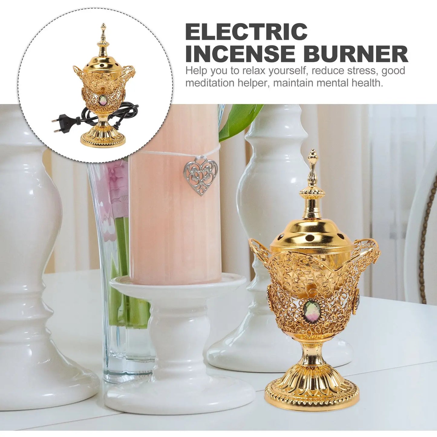 Metal Indoor Burner Middle East Church Electric Censer Metal Burner Vintage Sandalwood Burner (EU Plug)