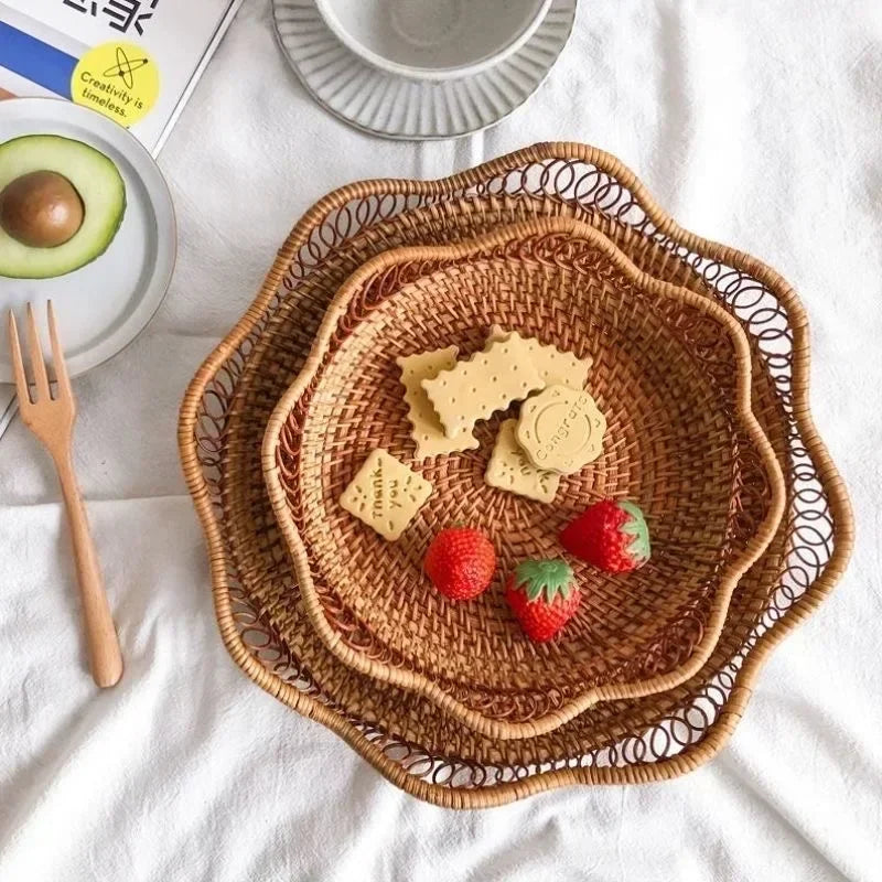 Round Rattan Woven Basket, Wicker Fruit Basket, Bread Food Kitchen Home Decor Organizer, Breadbasket For Kitchen - Hiron Store