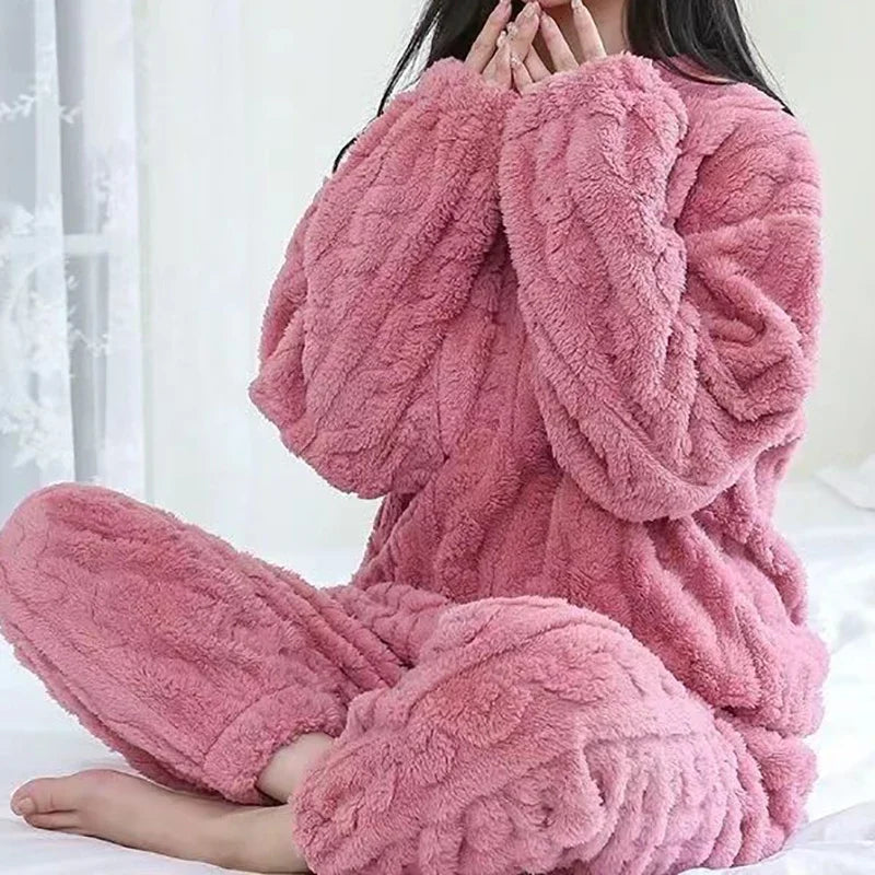 Women Warm 2 Piece Sets Thicken Velvet  Fleece Set Pullover And Pants Pajama Sets