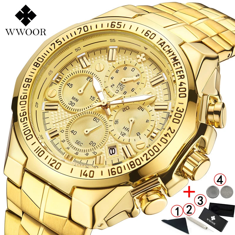 Luxury Wrist Watches For Men Gold Big Golden Male Chronograph Wristwatch