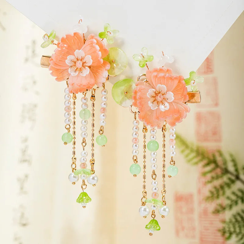 Blue Flower Hairpins Side Clips Retro Chinese Fashion Fringe Jewelry Long Tassel Pendant Headpiece for Women Girls Hanfu Dress - Hiron Store