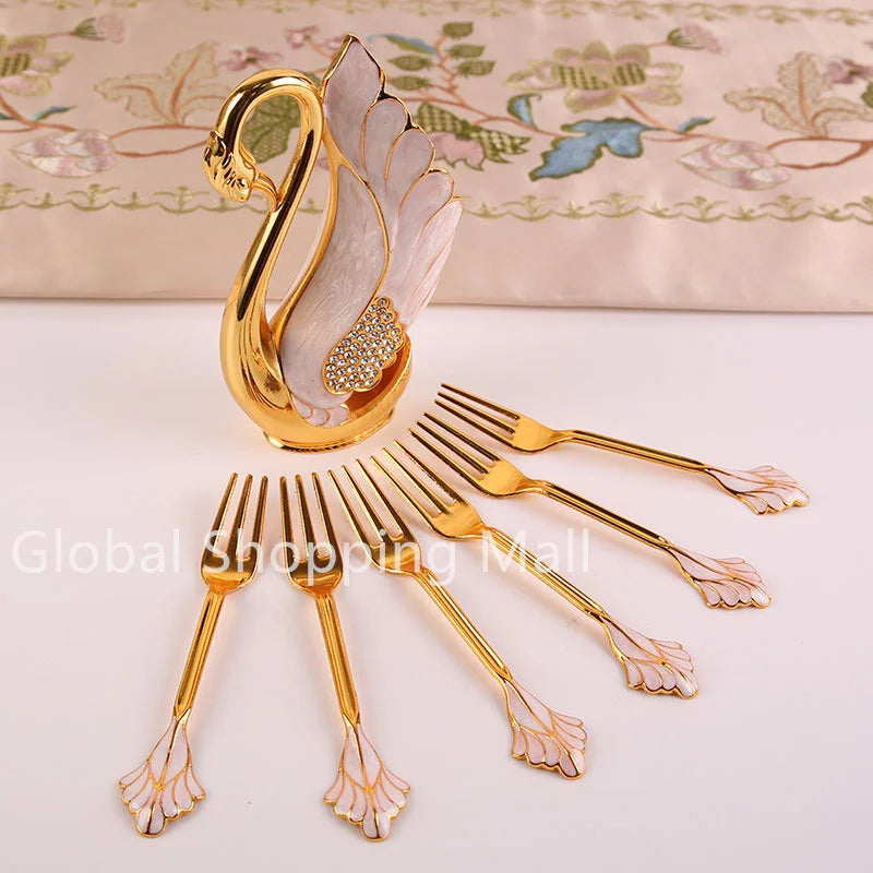 Metal Swan Base Holder, Tableware Organizer with 6 Spoons or Forks, Small Delicate, for Coffee, Fruit Desser,t Ice Cream Cake
