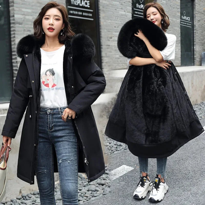 Winter Women Jacket Long Parka  Fur Collar Loose Long Coat Wool Liner Hooded Jacket