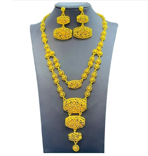 Dubai Jewelry Set For Women Necklace Earrings Indian Thailand Two Piece Set Gold Color