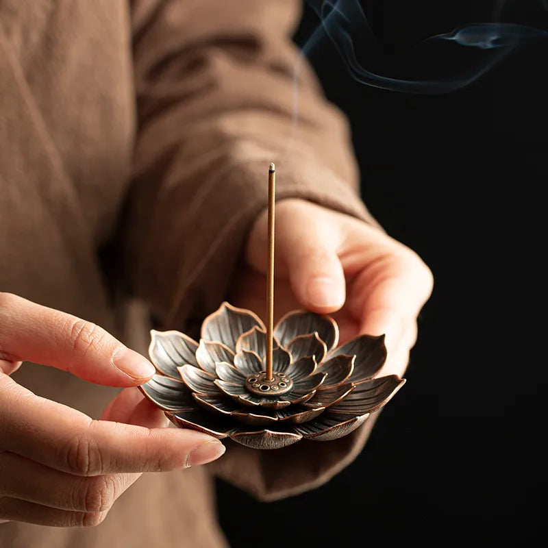 Alloy Incense Burner Stick Holder Buddhism Lotus Line Incense plate Sandalwood Coil Base Temples Yoga Studios Home Decoration - Hiron Store