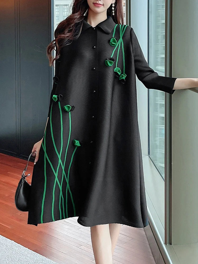 3D Floral Spliced Pleated Dress Women Lapel Long Sleeves Single Breasted A-line Dresses