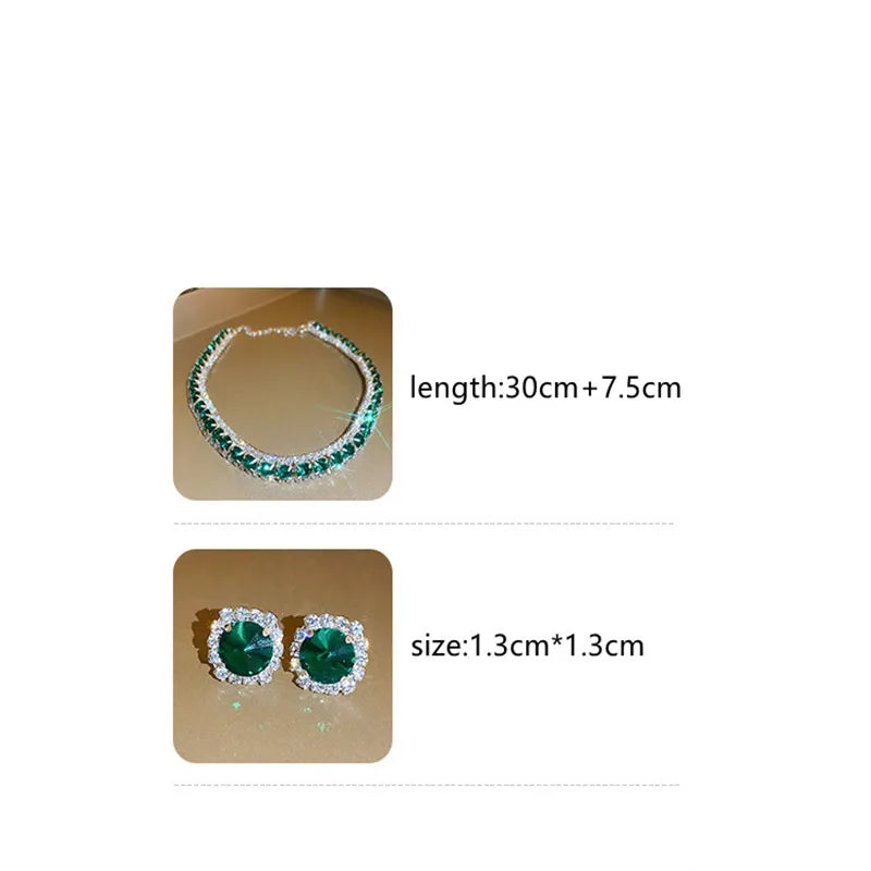 Luxury Necklace Earrings Sets Green Crystal Necklace Women Weddings Bride Jewelry Accessories - Hiron Store