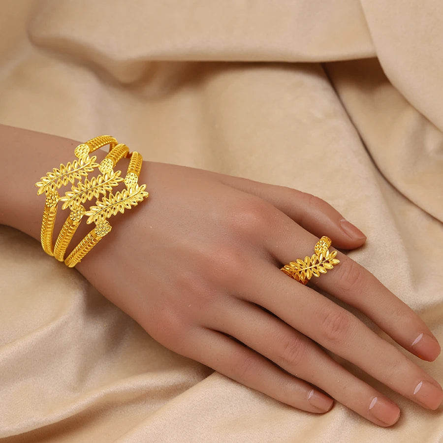 Middle East Cross border Dubai 24K Gold Plated Jewelry Set with Leaf Gold Leaf Bracelet Ring