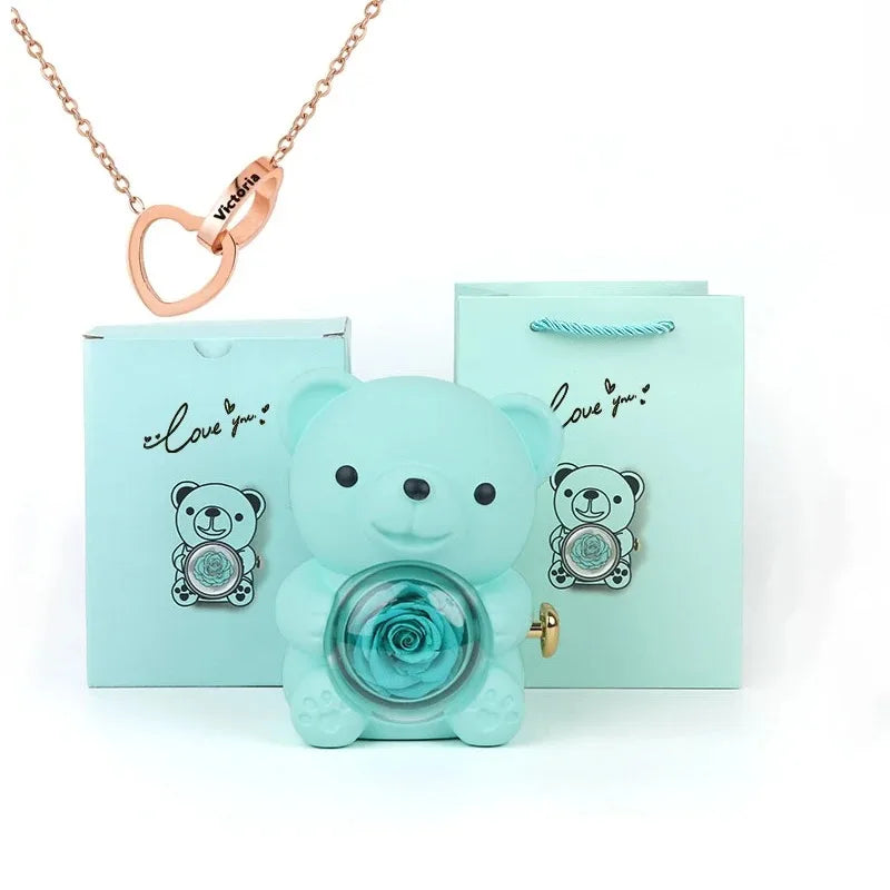 Eternal Rose Teddy Bear Gifts Box with Necklace Rotate Rose Jewelry Box