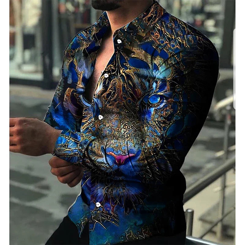 Fashion Luxury Men's Shirt Lapel Button Down Shirt Long Sleeve Tops Animal Head Print Large Size Cool Street Party Wear 3XL - Hiron Store