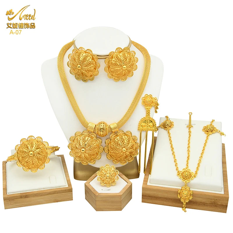 ANIID Ethiopian Gold Plated 6PCS Jewelry Set For Women Indian Red Crystal Luxury Jewellery Sets