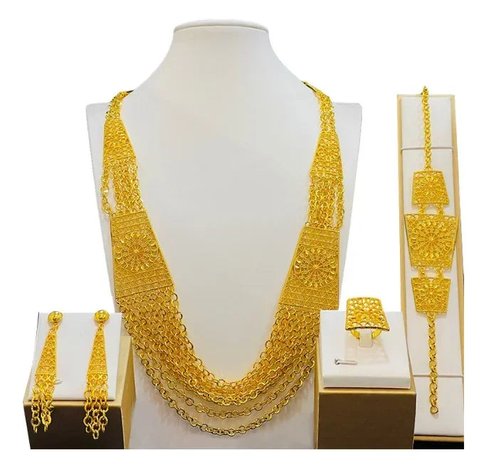 Fashion India Latest Design Jewelry Luxury African Jewelry Necklace Earrings Ring Bracelet Set Dubai Gold Color