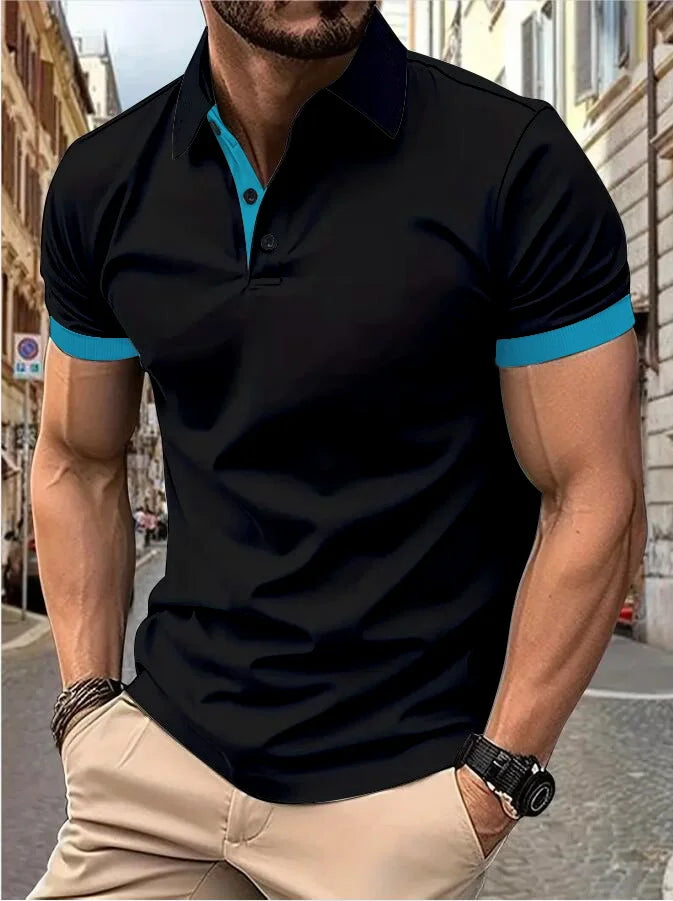 Men's short sleeve color matching fashion with men's lapel short sleeve