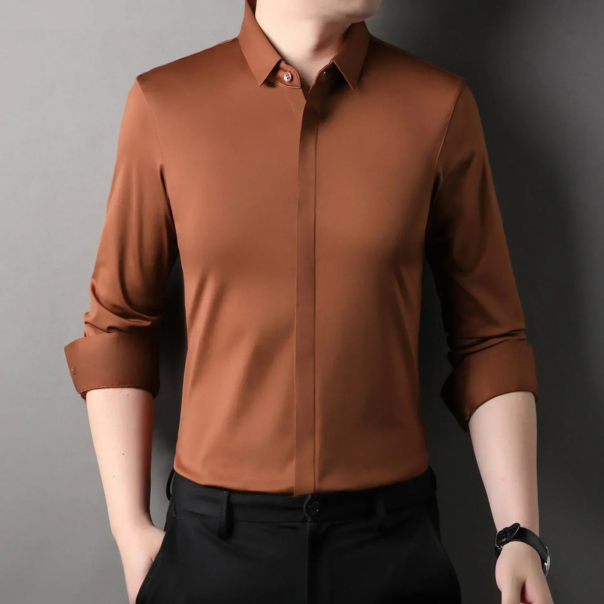 High end Mulberry Silk Dress Shirts, Business  Men Wrinkle Resistant, Button Invisible Elastic Tops, Luxurious Male  Clothing