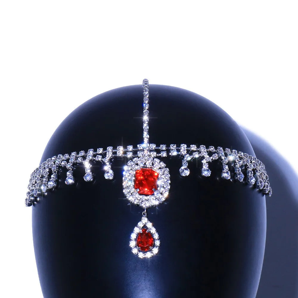 Red Crystal Headband Hair Chain Water Drop Head Chain Jewellery maang tikka