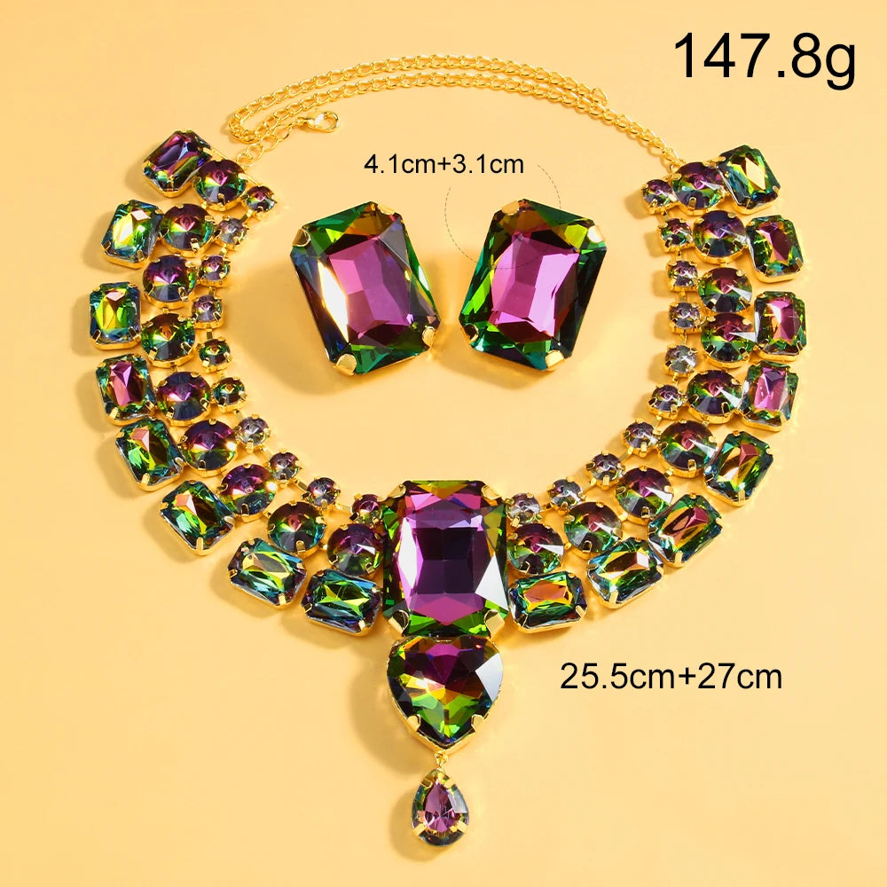 Stonefans Colorful Necklace Earrings Set Chunky Accessories Rhinestone Nigerian Jewelry Set