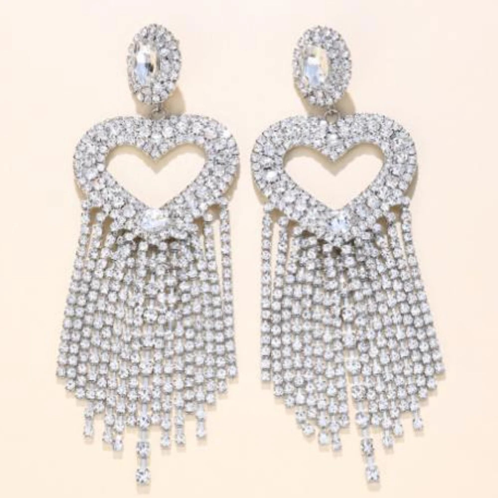 Rhinestones Heart Hollow Tassel Dangle Earrings for Women Crystal Show Long