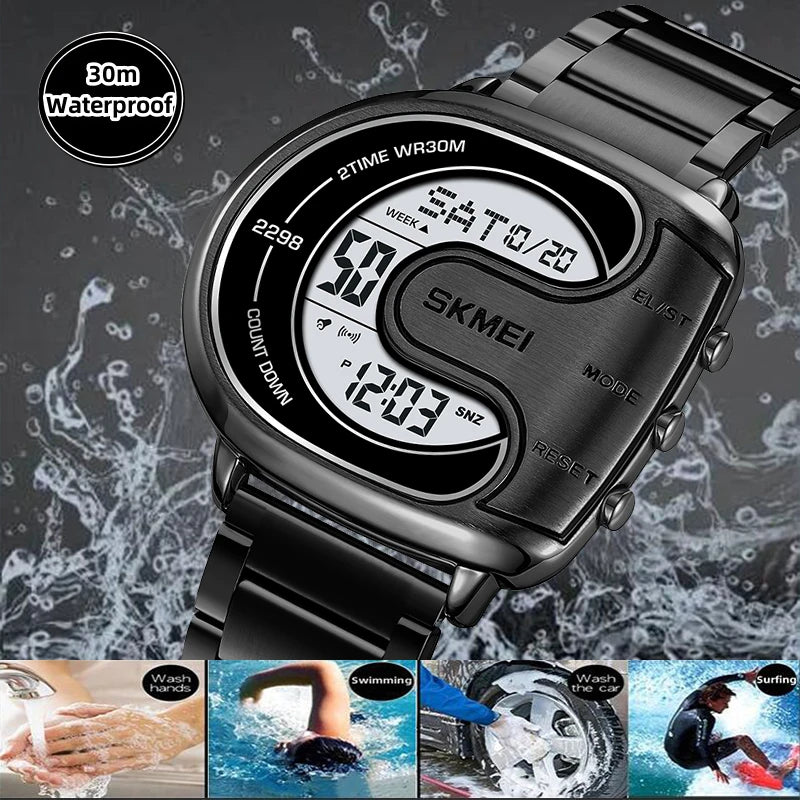 Skmei Mens Digital Waterproof Watches Stainless Steel Band Alarm Clock Stopwatch Sports Dual Time