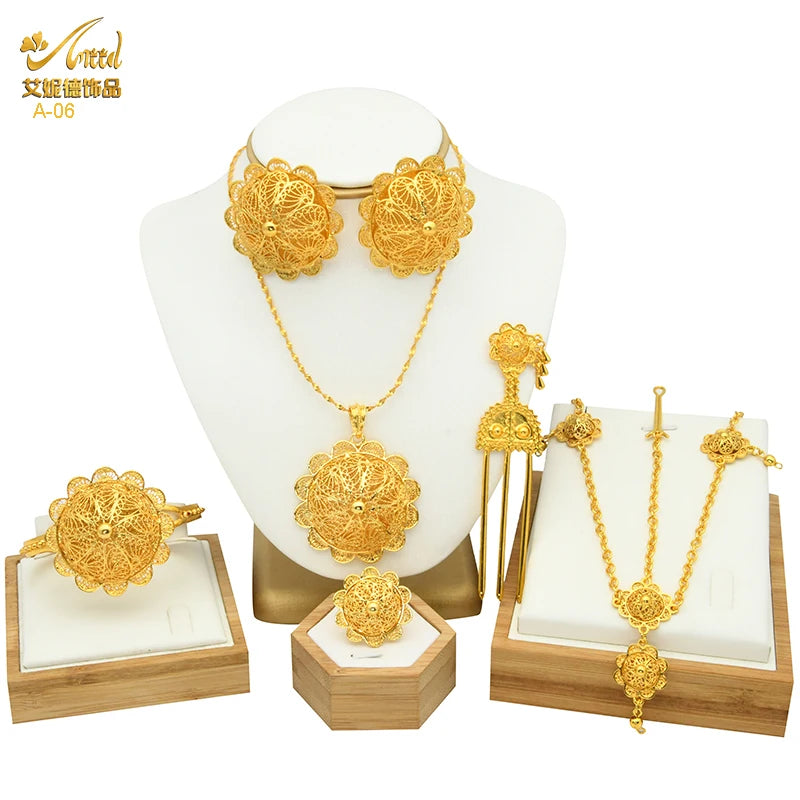 ANIID Ethiopian Gold Plated 6PCS Jewelry Set For Women Indian Red Crystal Luxury Jewellery Sets