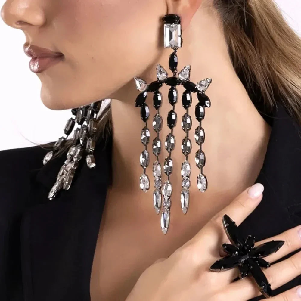 Black Crystal Long Tassel Earrings Wedding 2024 Fashion Hanging Earrings