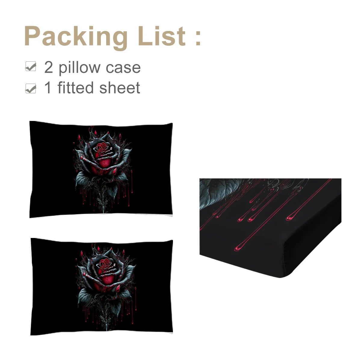 3D Black Red Rose Romantic Flowers Fitted Sheet Blood Ink Pattern Bedding Set 3 Piece Fitted Sheet Sets with 2 Pillowcases