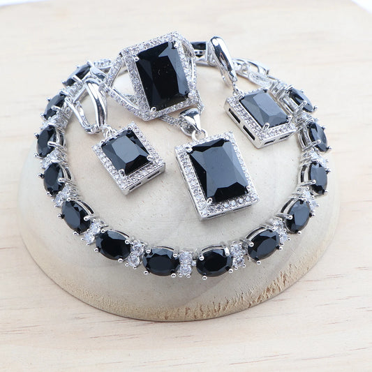 925 Silver Bridal Jewelry Sets Wedding Black Zircon Bracelets Earrings Rings Pendant Necklace Set For Women