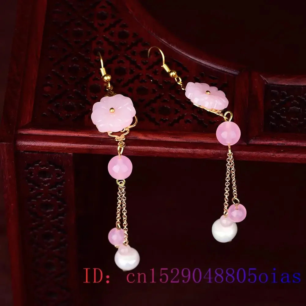 Pink Jade Flower Earrings Chalcedony Gemstone Charm Crystal Jewelry