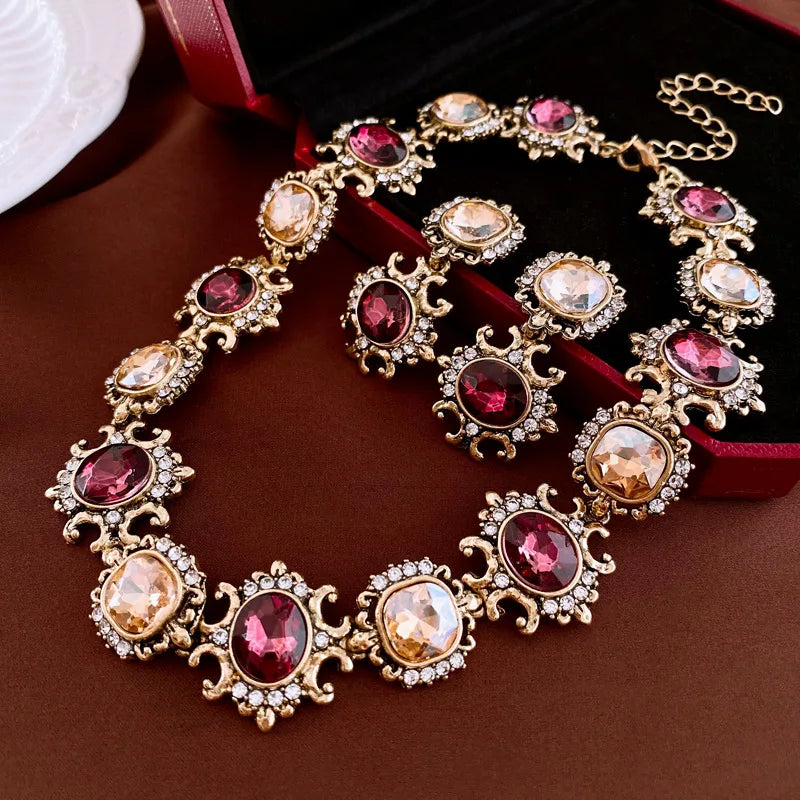 Baroque Style Necklace Earrings For Women Brown Crystal Jewelry Sets